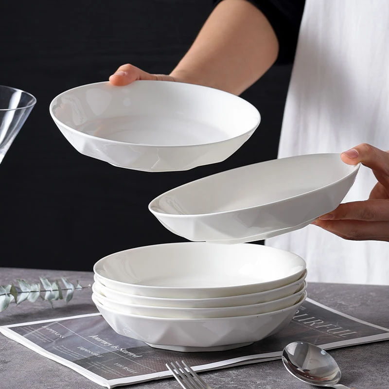 真益彩纯白8英寸钻石盘6只装简约家用商用高级网红感陶瓷餐具