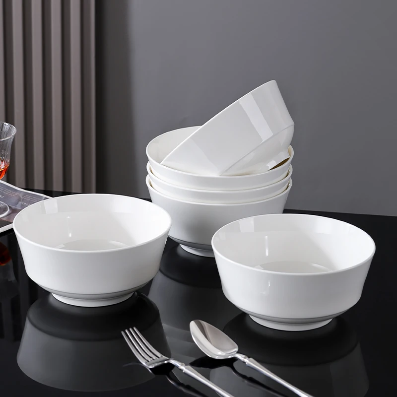 真益彩新款白瓷7英寸吉祥汤碗6只装简约透光大号纯白家用陶瓷餐具