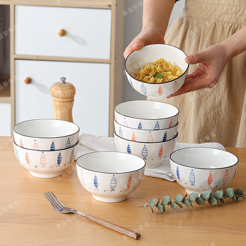 真益彩好多鱼石纹系列陶瓷餐具4.5英寸饭碗8只装防滑耐磨易清洗