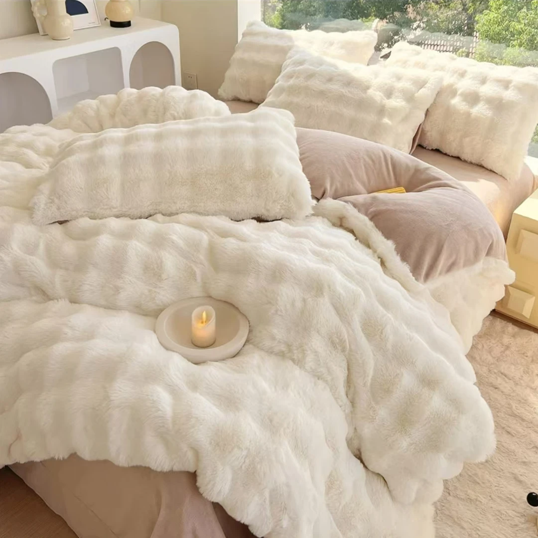 【無印良品】新款托卡斯仿皮草大泡泡仿兔毛绒四件套加厚加绒