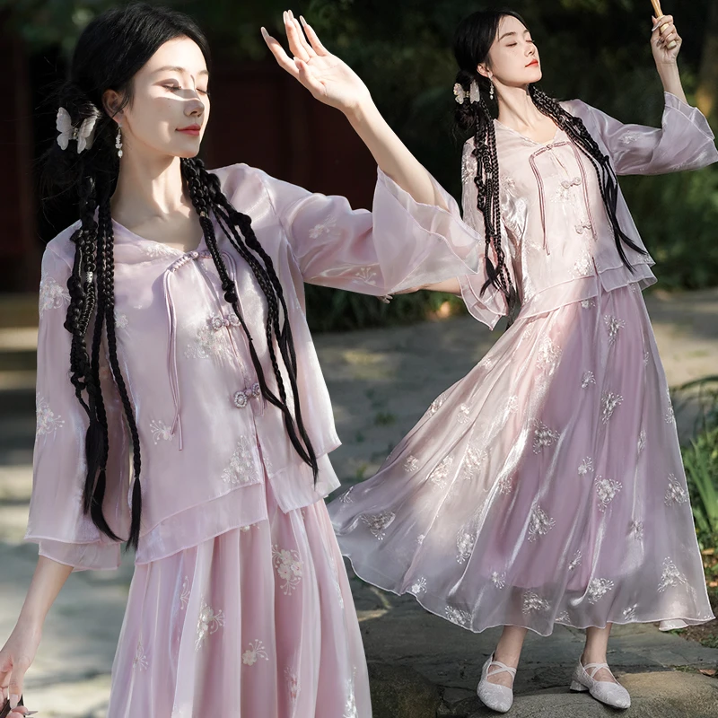 新中式国风刺绣盘扣V领开衫上衣汉元素民族风复古半身裙茶艺服女