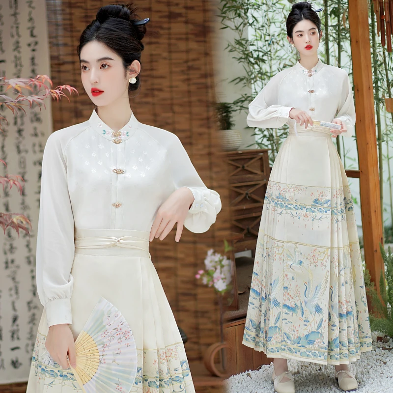 新中式国风刺绣织金马面裙汉服女2024秋冬民族风复古提花衬衫上衣