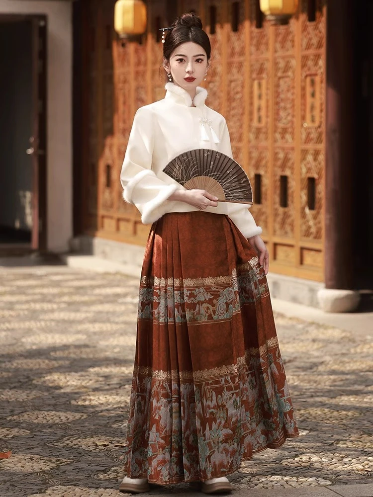 新中式国风印花马面裙汉服冬季2024新款新娘敬酒婚服日常通勤穿搭