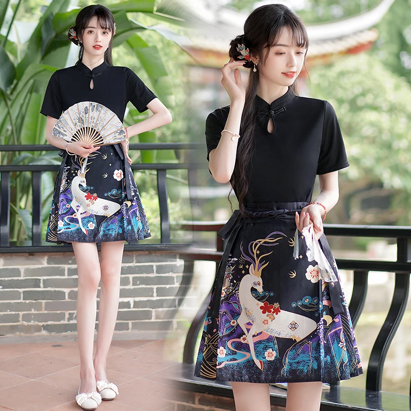 新中式国风短款印花马面裙汉服女2024夏季新款小个子复古气质穿搭