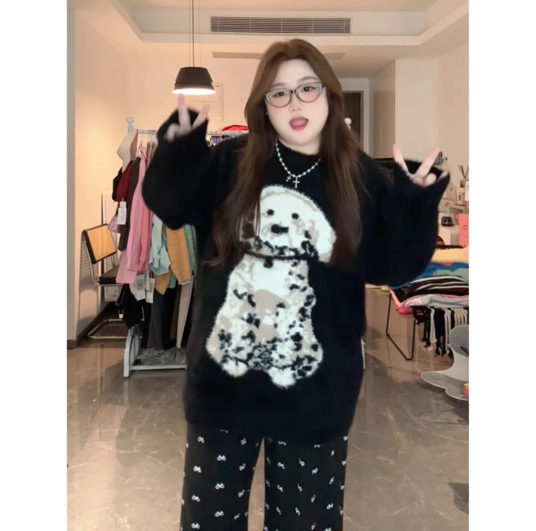 【陈甄珠专属】秋冬慵懒风宽松胖MM仿貂毛小狗可爱风黑色毛衣18-806