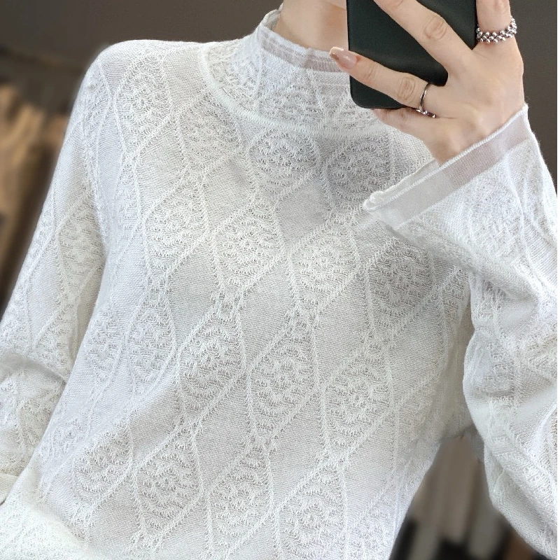 白色半高领花边袖针织上衣女显瘦套头打底148