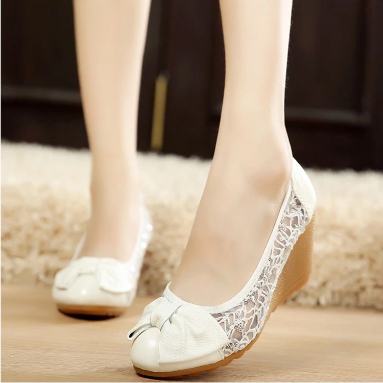 夏季真皮透气蕾丝网纱单鞋女坡跟高跟牛筋底妈妈鞋