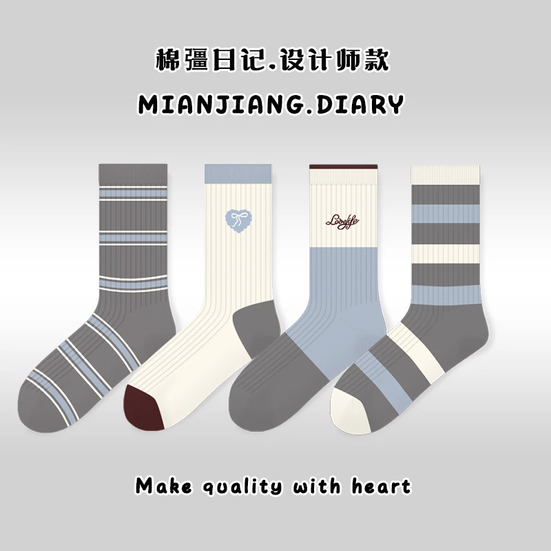 MJ原创设计师款格雷系列双针刺绣女士中筒纯棉袜吸汗透气不臭脚