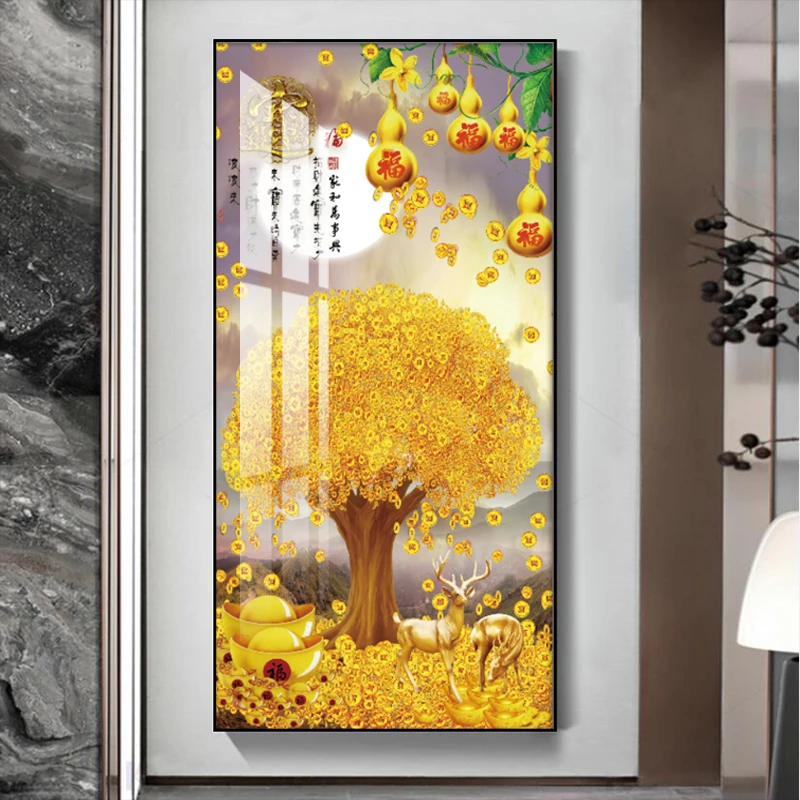 中式招财进宝黄金树客厅入户玄关背景墙轻奢大气装饰挂画镶钻