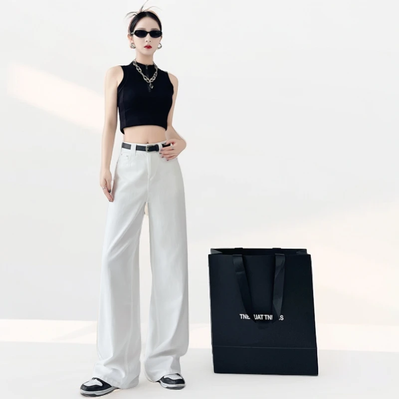 白色牛仔阔腿裤女休闲裤宽松高腰显瘦夏季直筒裤拖地裤垂感牛仔裤