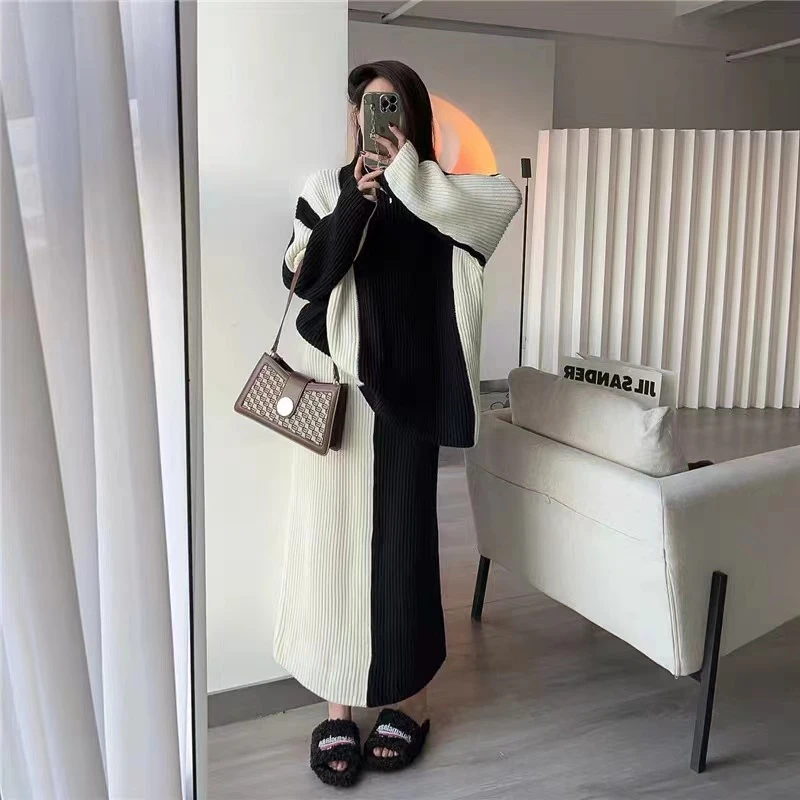 捡漏时尚撞色毛衣半身裙套装女秋冬新款休闲小个子两件套C8262