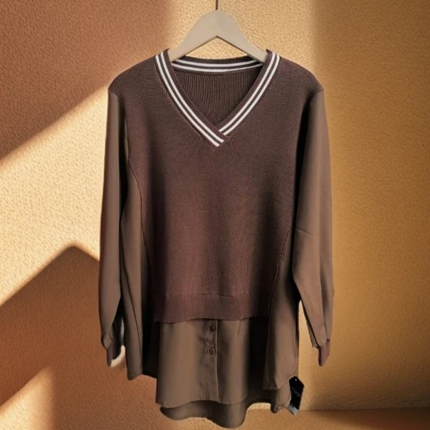中长款毛衣女2024新款假两件针织上衣春秋时尚洋气V领打底衫C8346