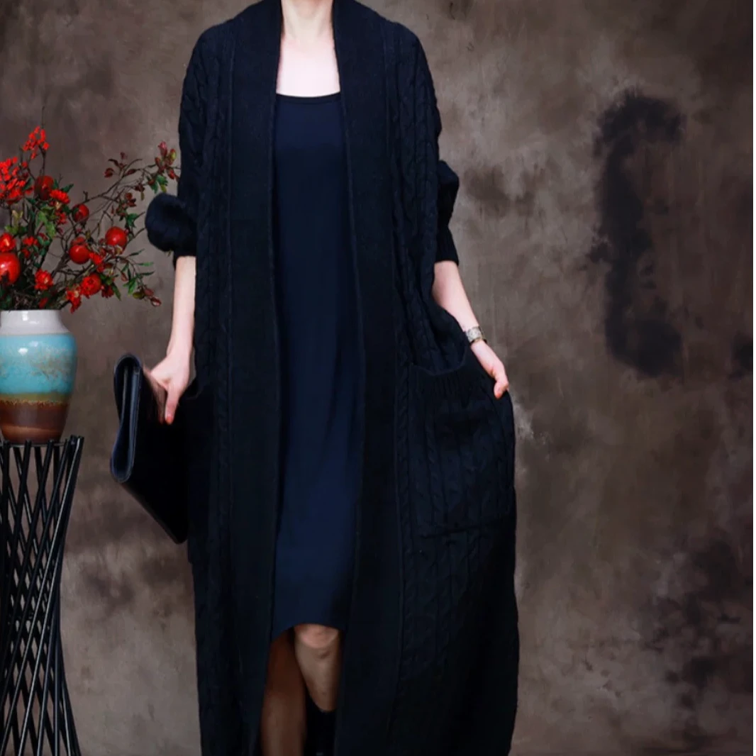 大毛衣女款2024新款慵懒风长款秋冬复古宽松针织外套开衫外搭8323