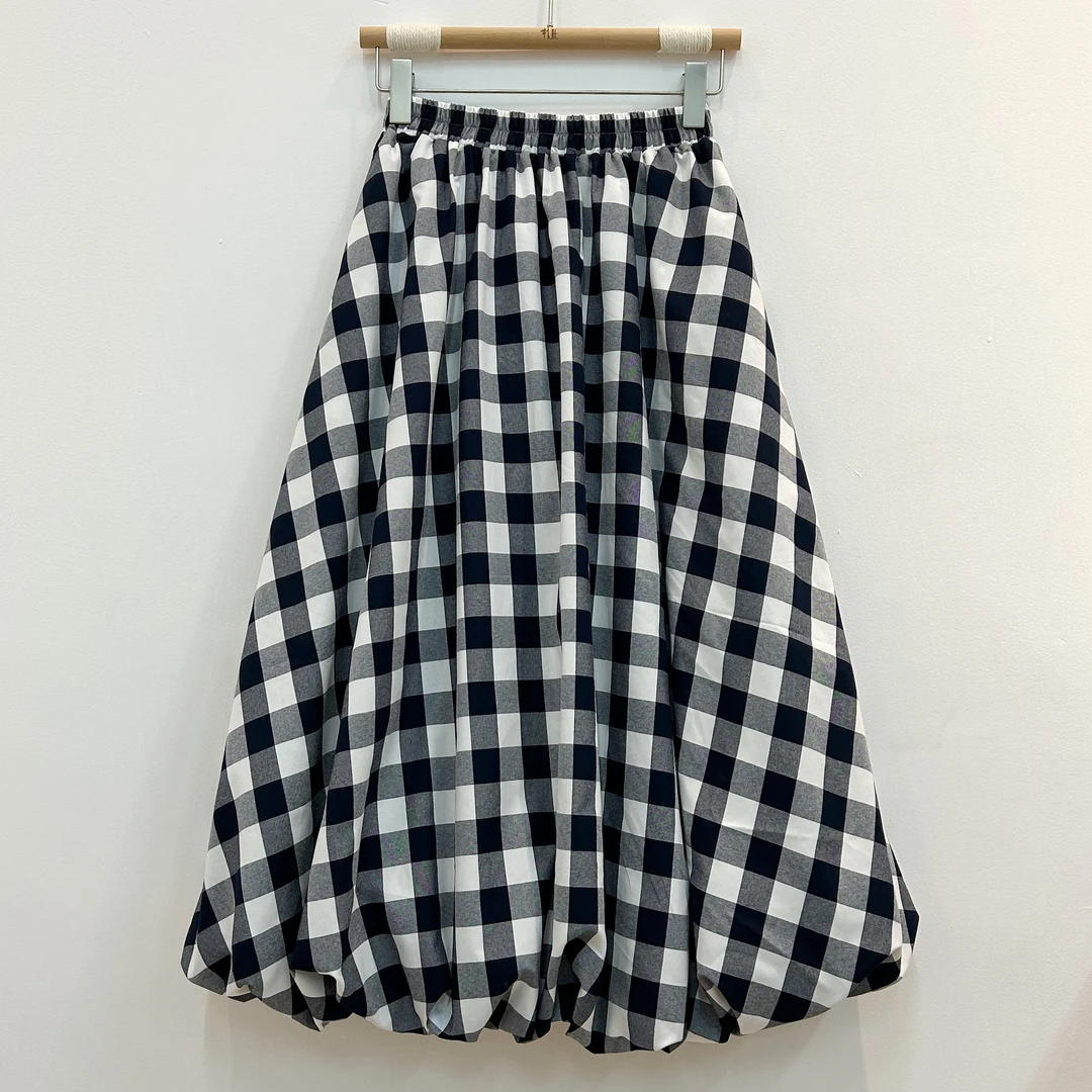 显瘦显高半身裙长裙春夏半裙宽松藏青大格子格纹半身裙长裙花苞裙