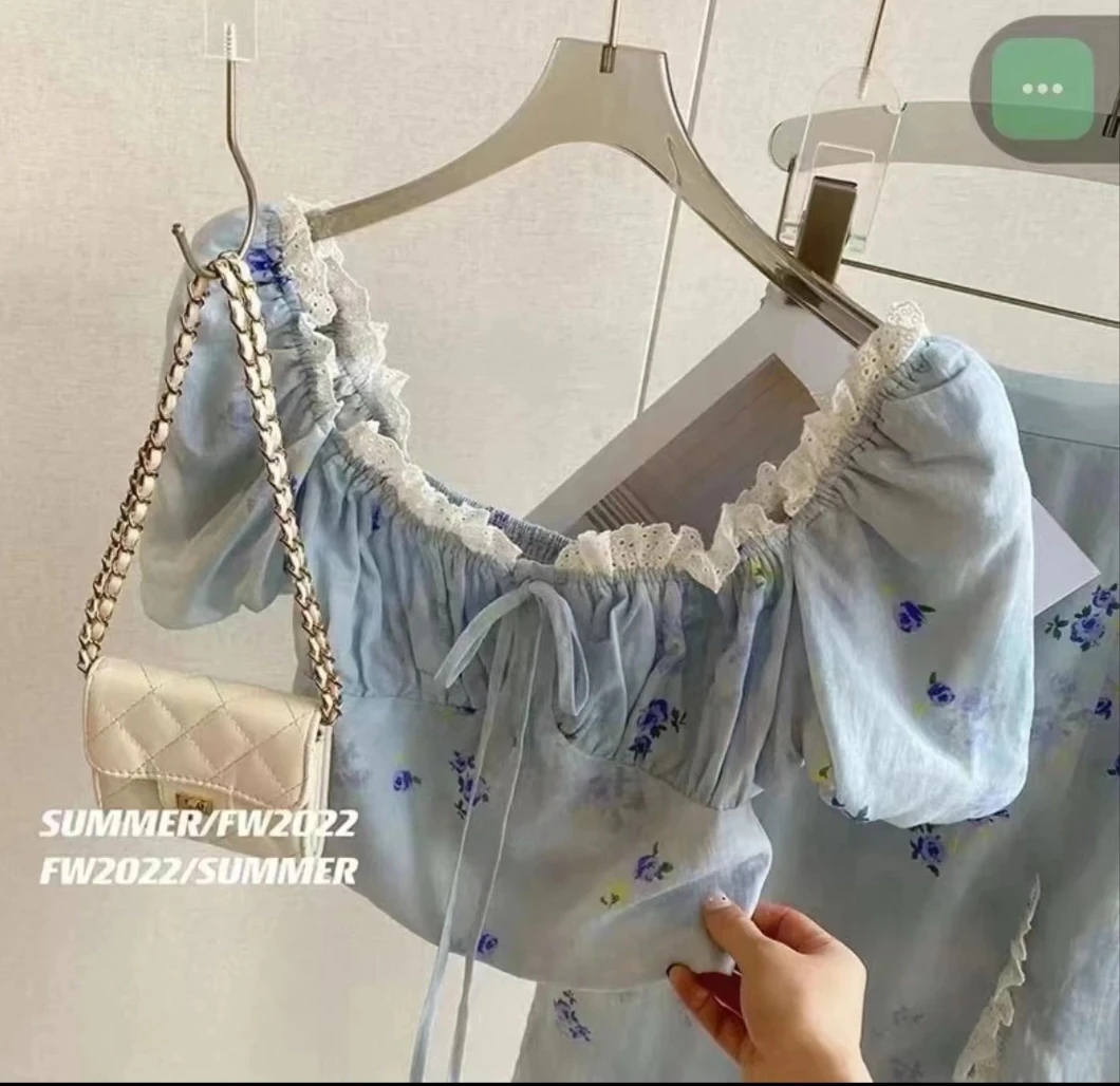 高级感时尚减龄盐系穿搭御姐轻熟风浅蓝色碎花开叉半身裙两件套装