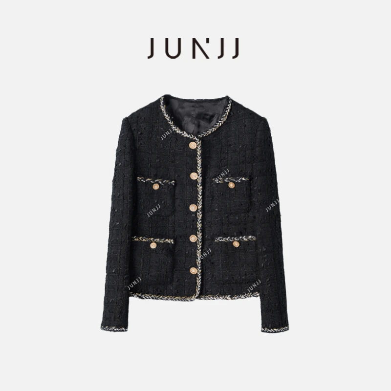 JUNJJ【碎梦星空】24春秋季羊毛独特手工粗花呢链条金属下摆小香风