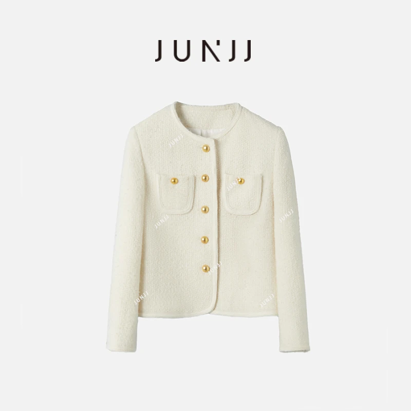 JUNJJ【海上浪花】2024白色女士小香风极简气质时尚感秋冬厚外套