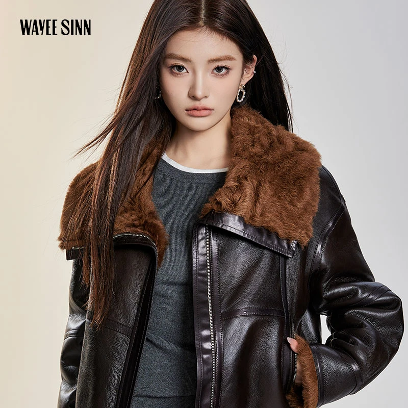 Wayee Sinn 进口皮毛一体外套真皮翻领短款皮草复古夹克机车休闲