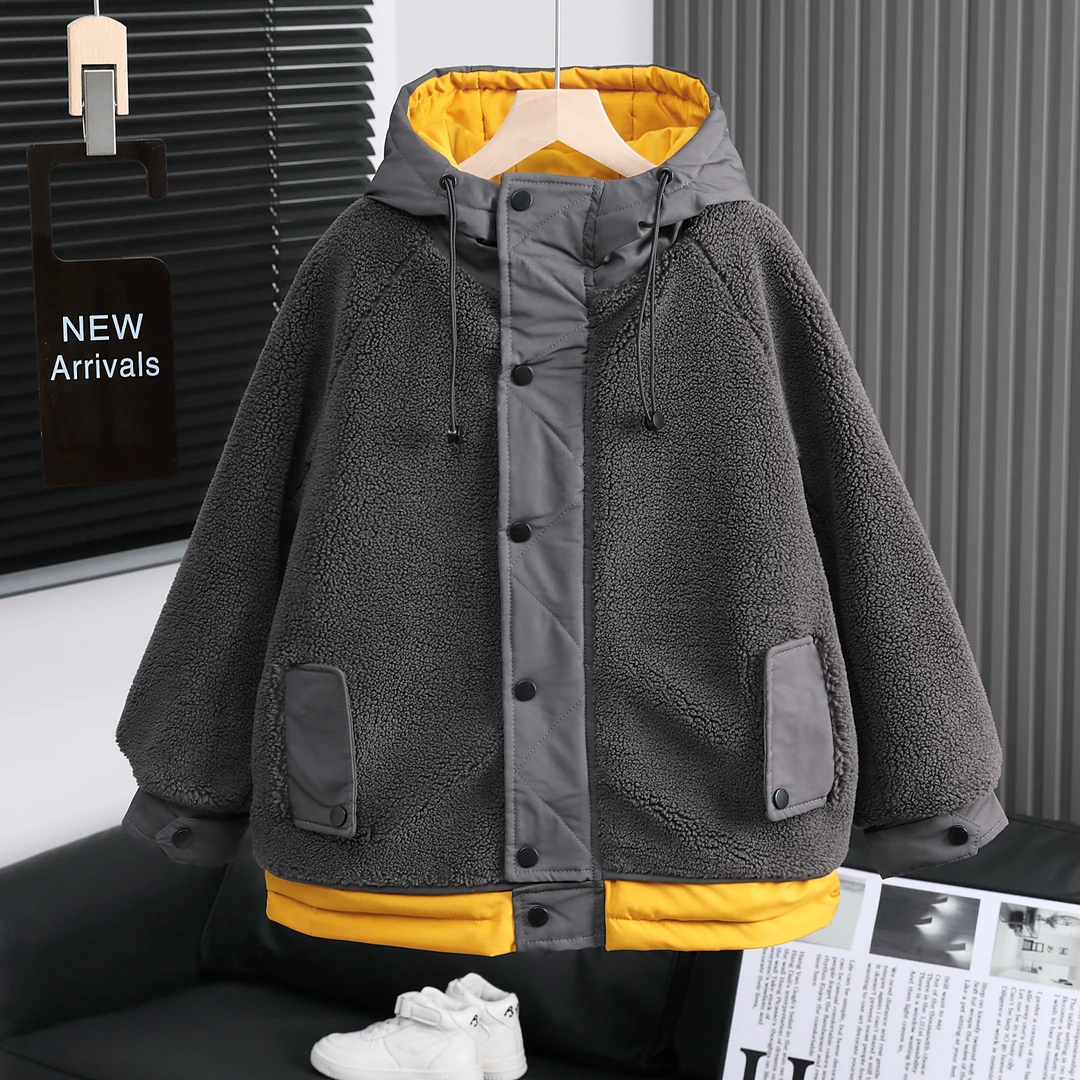 儿童韩潮牌时尚连帽毛毛假两件休闲棉衣外套2024男女童冬加厚上衣