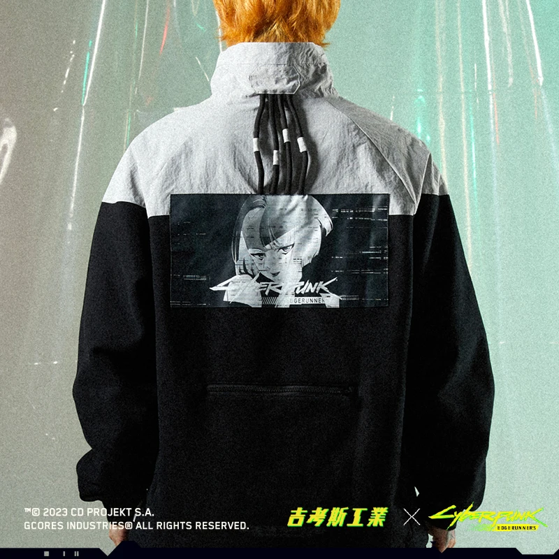 吉考斯工业×边缘行者联名 立领黑色拼接半拉链卫衣夹克 GC231175