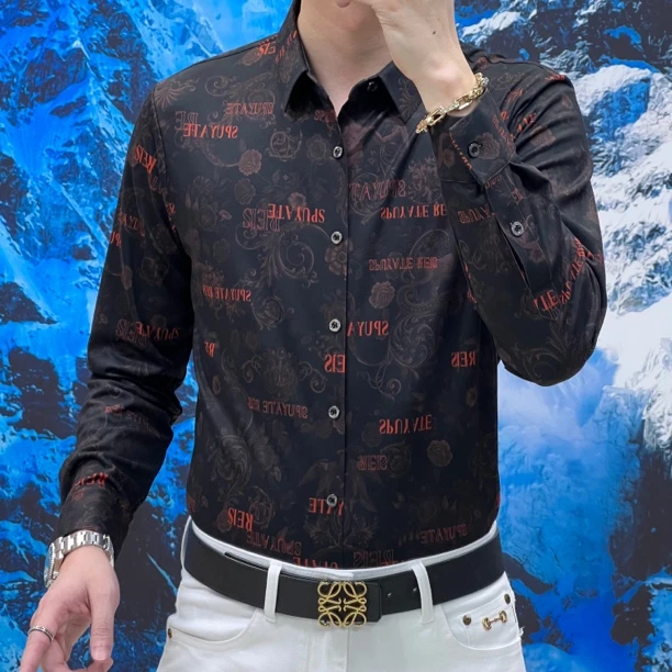 男士秋季新款高品质弹力潮流休闲百搭印花长袖衬衫