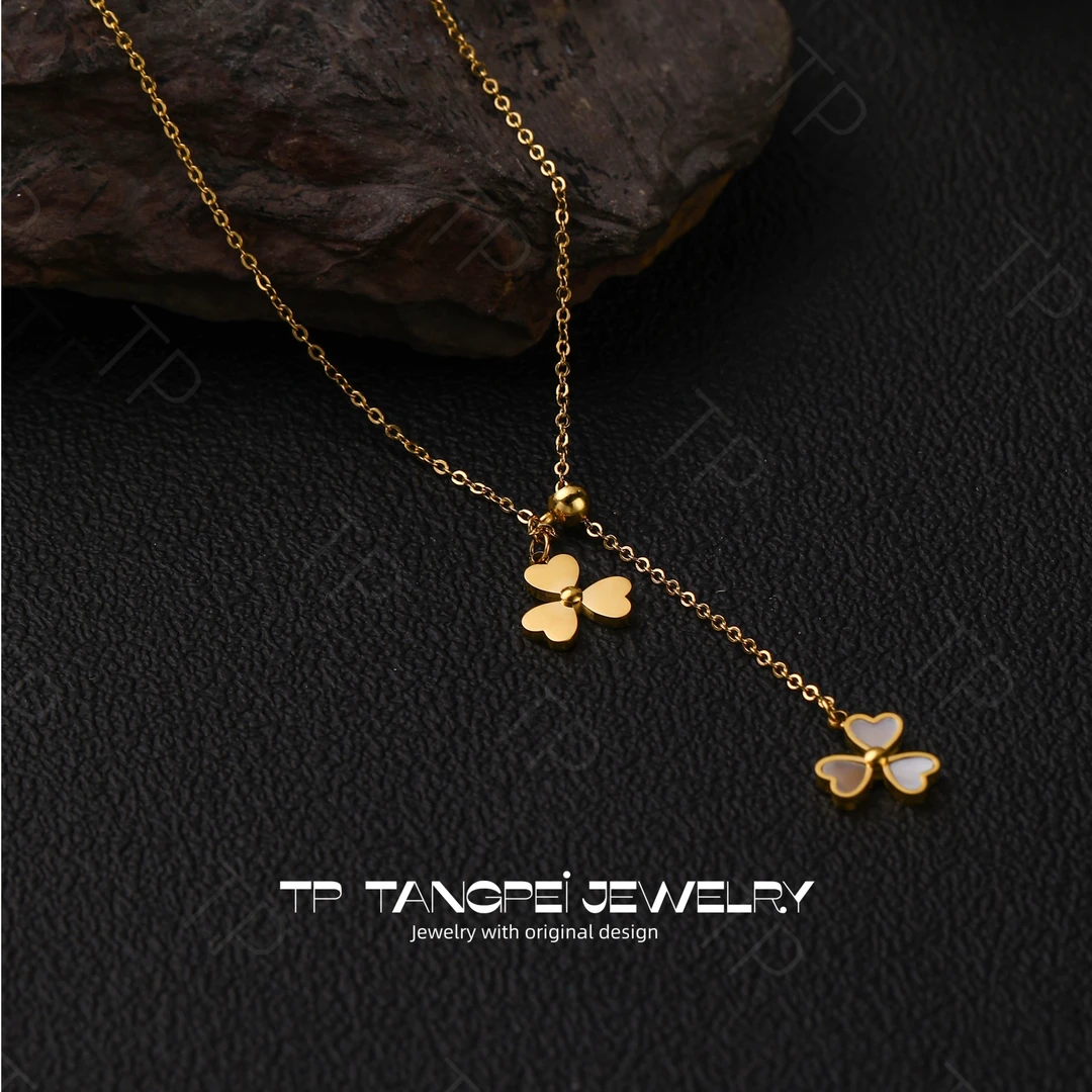 不锈钢项链 设计感可抽拉三叶草双面项链小众气质精致时尚饰品