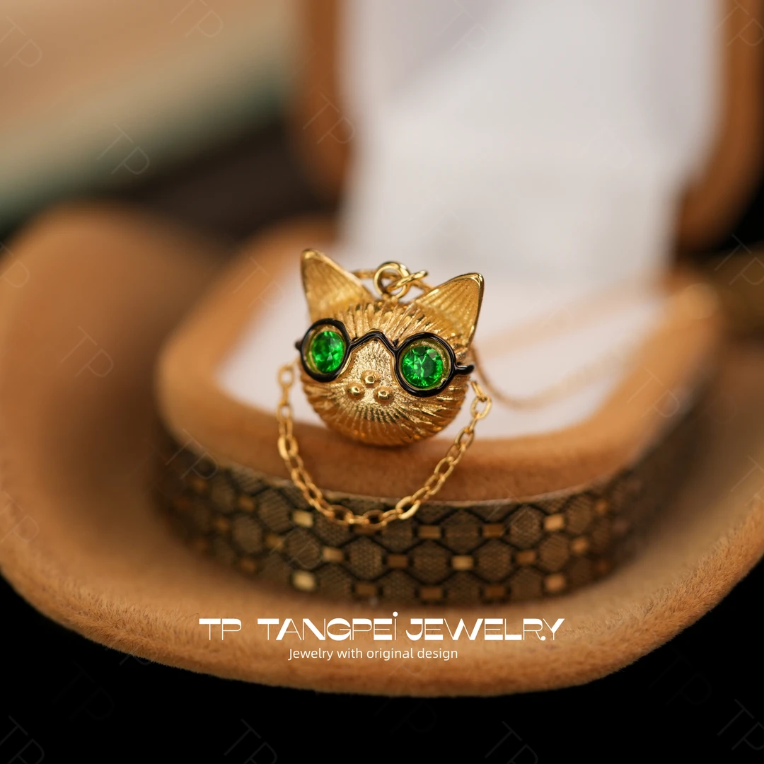 不锈钢项链 设计感猫头流苏项链复古镶嵌绿色可爱卡通时尚饰品