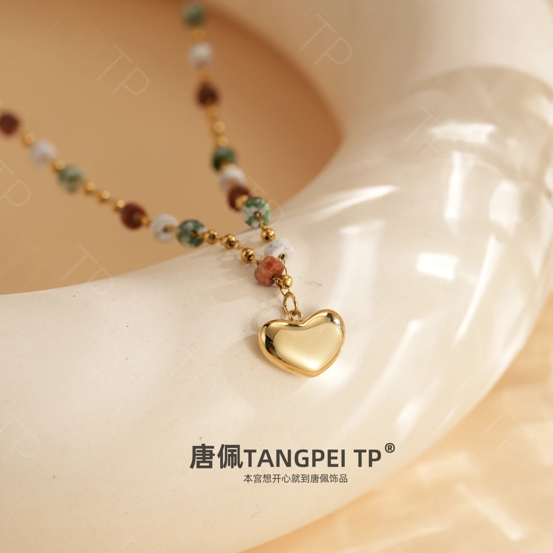 不锈钢亚克力项链 设计感彩色串珠金色爱心项链法式小众时尚饰品