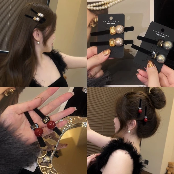 韩国东大门轻奢闪钻发夹秋冬植绒名媛气质贝珠刘海夹侧边夹