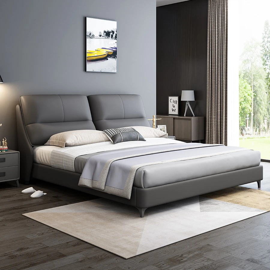 意式极简牛皮床双人现代简约主卧软包床轻奢高端大气头层牛皮床