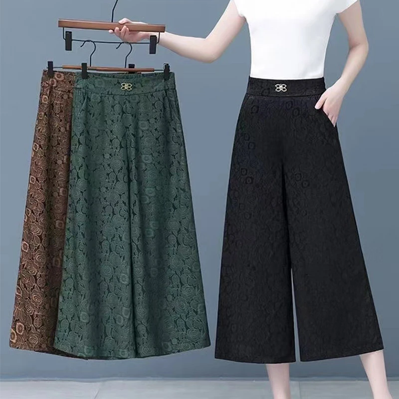 妈妈夏季时尚显瘦宽松九分裤中老年印花高腰垂感百搭休闲阔腿裤女