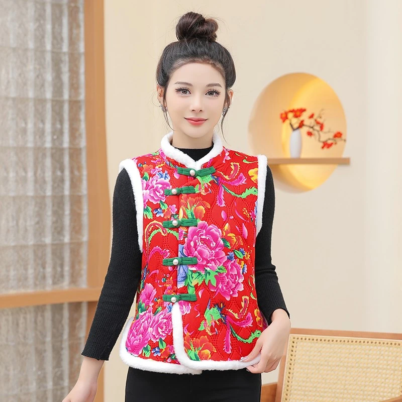 民族风盘扣花棉袄马甲女妈妈洋气复古中国风加绒保暖马夹坎肩背心