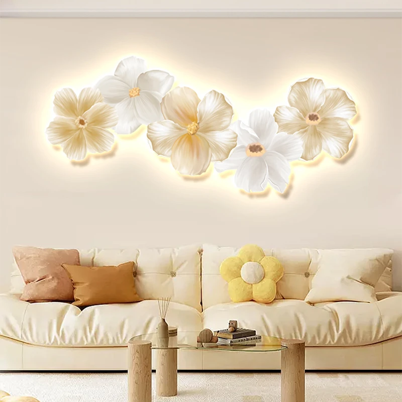 奶油风挂画牡丹花卧室床头装饰画led氛围带灯光画房间主卧高级感