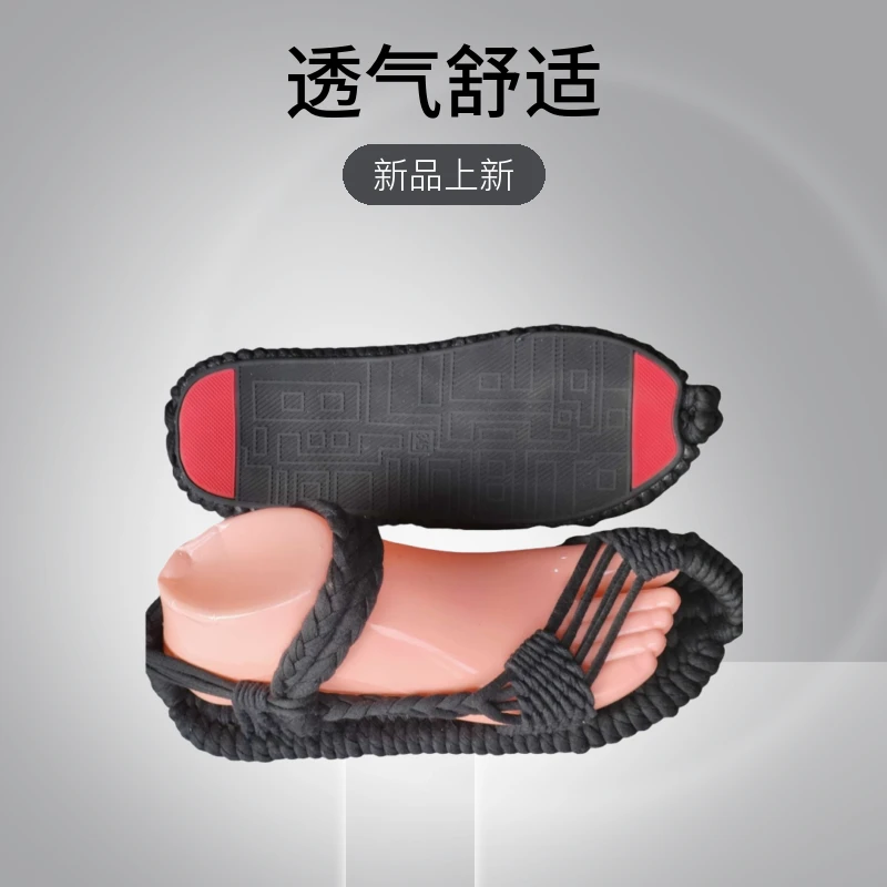 百搭休闲男士胶底手工布草鞋户外夏季透气黑色软底编织平底轻便好