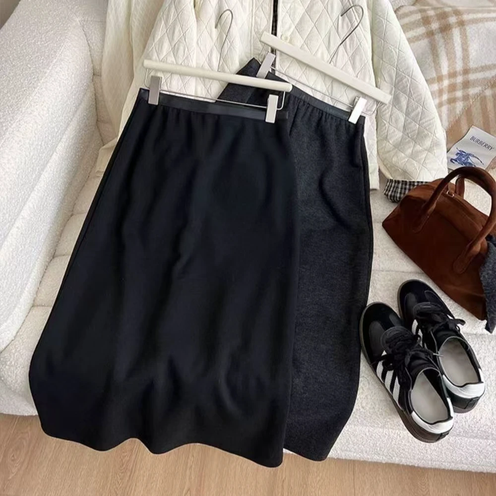 醋酸羊绒加绒毛呢裙2024韩版极简风直筒显瘦高腰开叉中长款半裙