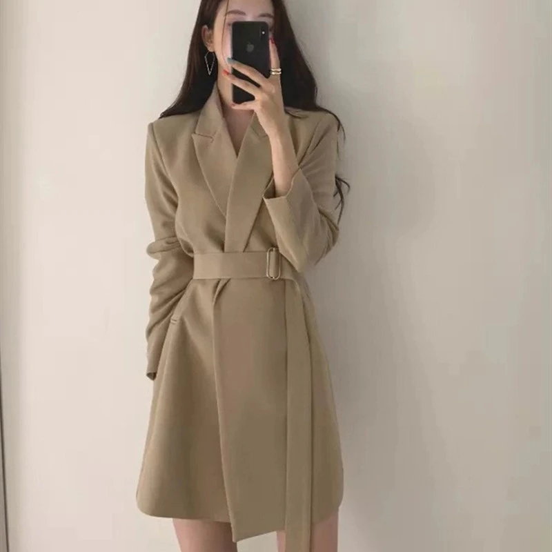 中长款时尚女西装外套春秋宽松休闲大码西服洋气系带修身显瘦上衣