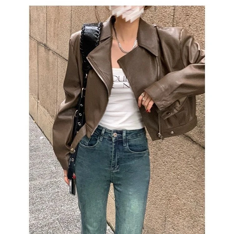 短款春秋时尚宽松女皮衣夹克外套设计感百搭复古长袖气质翻领上衣