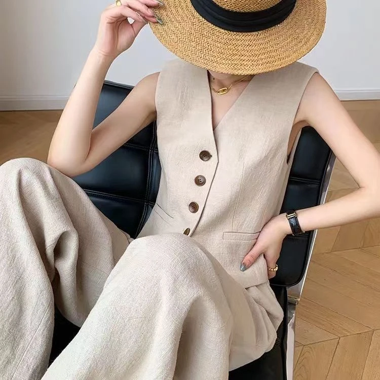 时尚高级亚麻夏秋季2024新款无袖西装马甲阔腿裤套装通勤棉麻背心