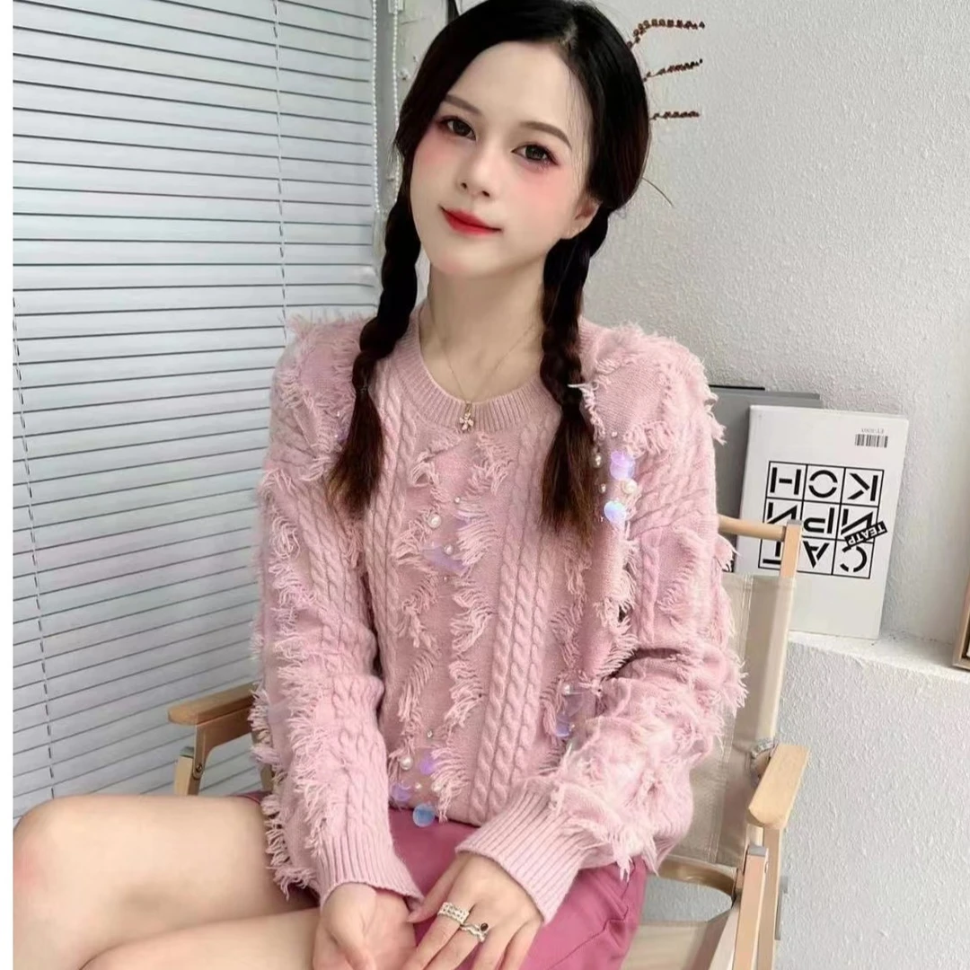 亮片流苏温柔风软糯针织毛衣女秋冬甜美宽松慵懒高级感上衣