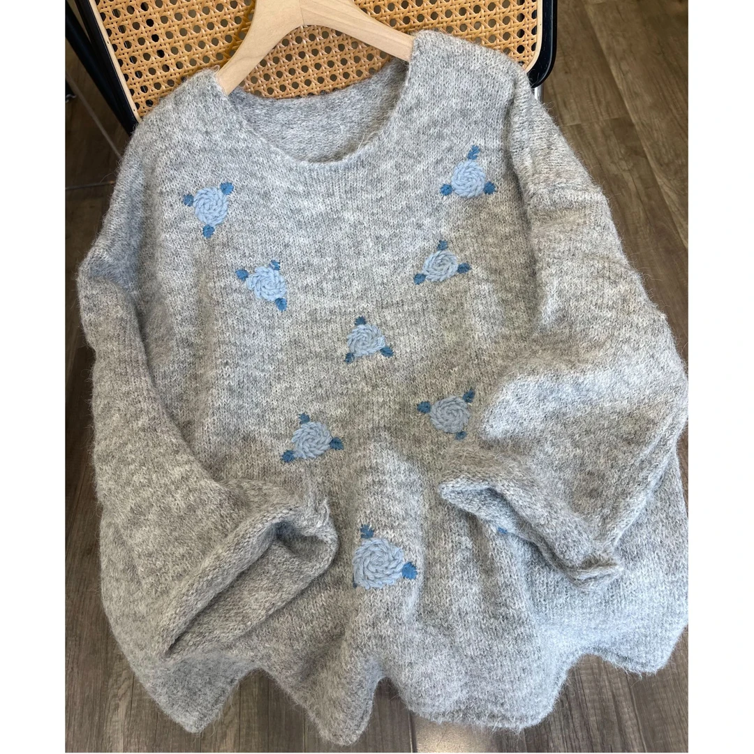 “温暖的她”宽松上衣秋季新款慵懒灰色宽松时尚提花高级毛衫女