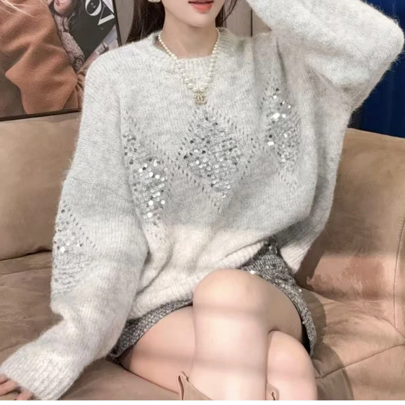 羊毛秋冬镂空菱形重工亮片针织衫女新款慵懒风气质宽松软糯毛衣女