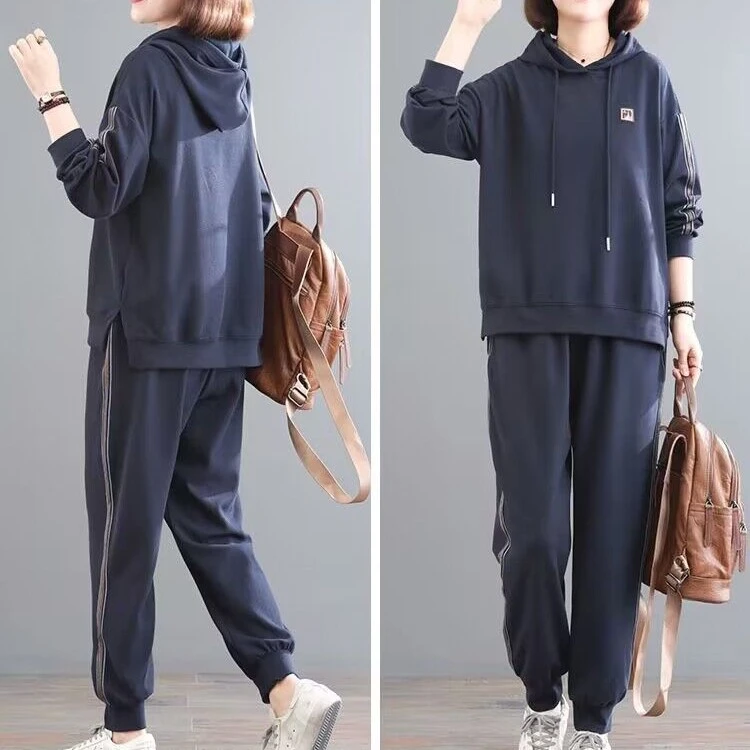 休闲运动套装女2022春季新款韩版宽松大码遮肉显瘦拼接连帽两件套