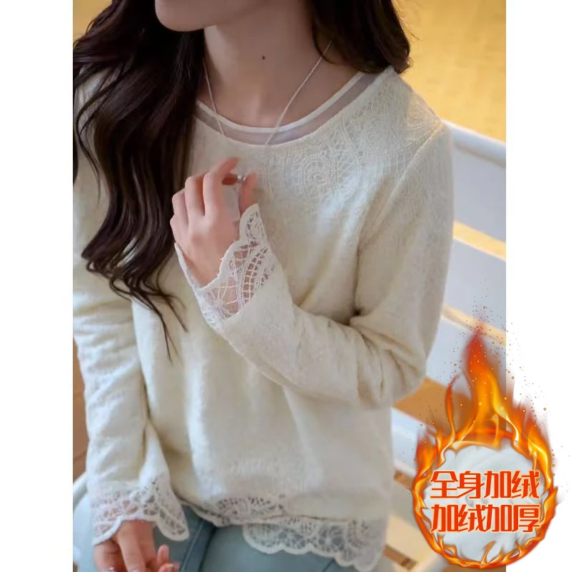 【加绒可选】2024冬季加绒加厚拼接蕾丝镂空圆领长袖蕾丝上衣