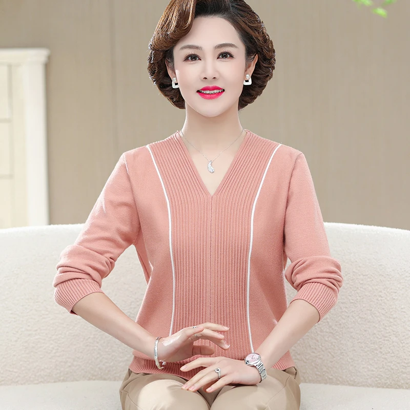 妈妈春装洋气毛衣薄款针织长袖上衣洋气50岁中老年女气质打底小衫