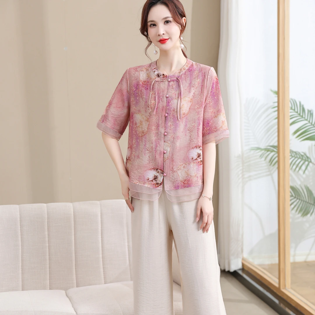 中年妈妈夏装洋气短袖t恤2024新款棉麻上衣中老年人女装夏季套装