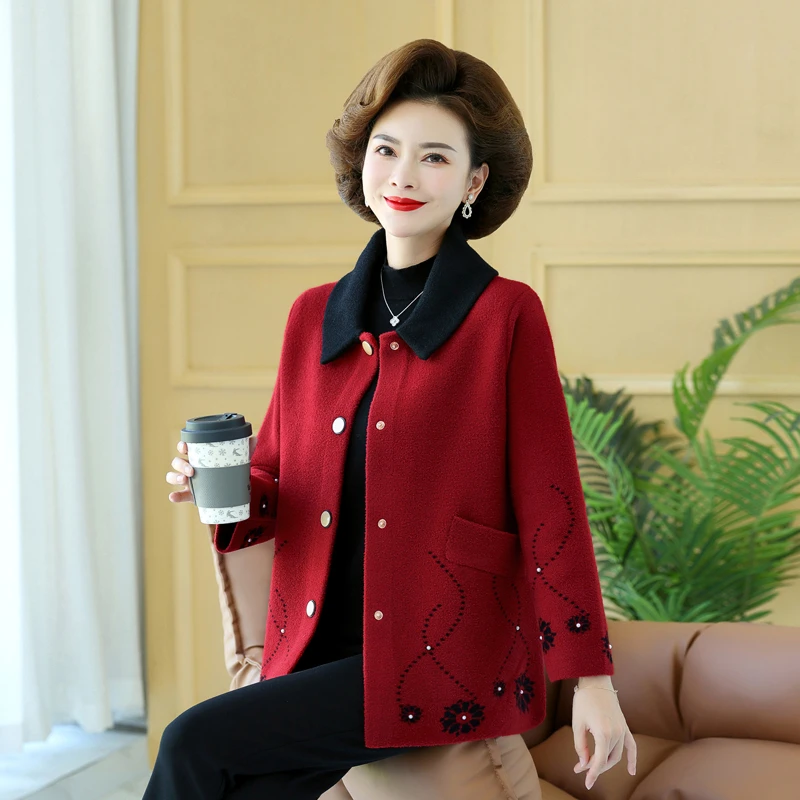 中年妈妈秋装短款水貂绒外套女时尚秋冬新款中老年毛呢洋气厚开衫