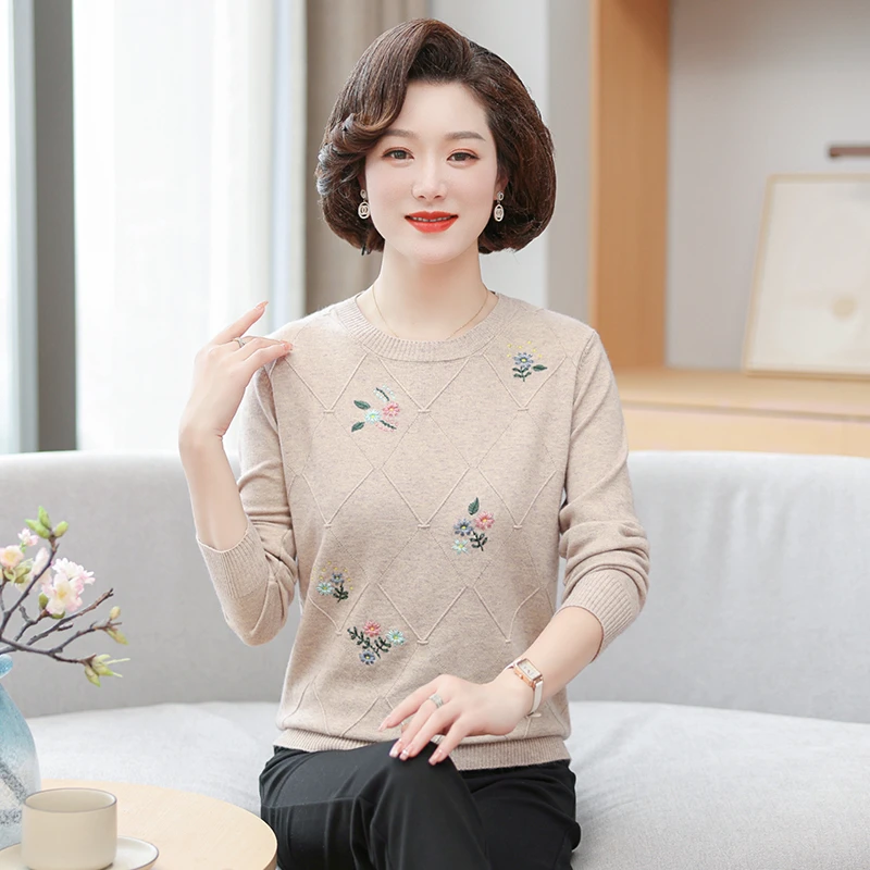 中年妈妈装春秋打底宽松打底衫洋气圆领毛衣中老年春装时尚针织衫