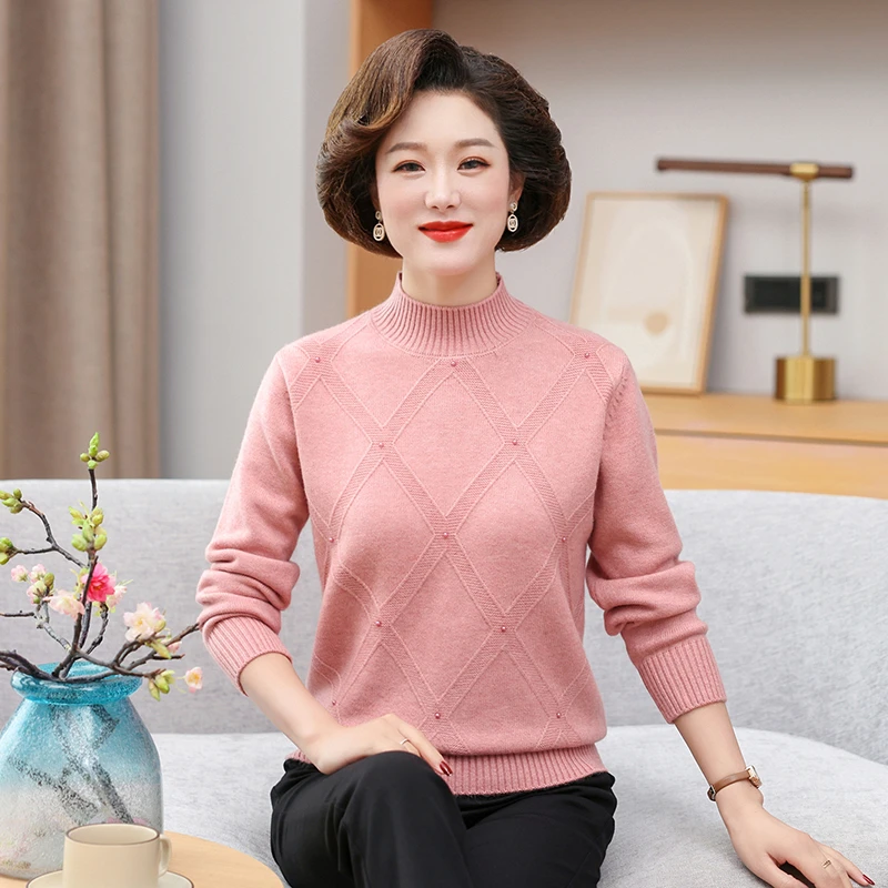 妈妈装秋装新款毛衣纯色中老年女装长袖上衣洋气秋冬半高领打底衫