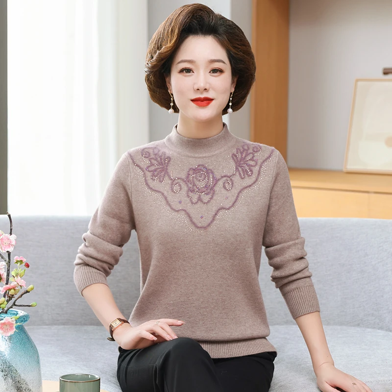 妈妈秋冬装毛衣女加绒加厚洋气内搭一体绒中老年人秋冬保暖打底衫