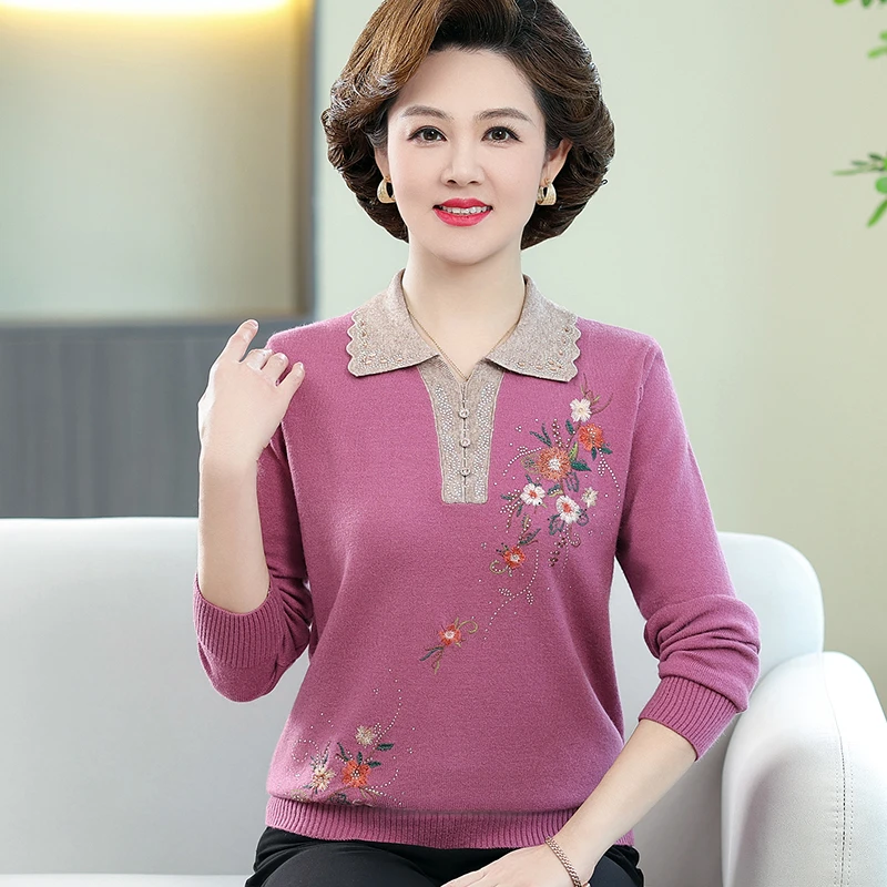 五十岁妈妈春装翻领毛衣洋气中老年女带领秋衣外穿针织短款打底衫